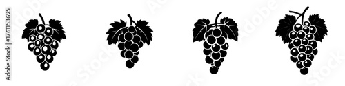 Stylized black grape clusters with leaves, perfect for wine-related designs and decorations