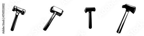 Different types of hammers arranged in a row showcasing various styles and uses for construction and crafting tasks