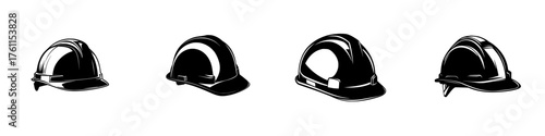 Various designs of construction helmets displayed with emphasis on safety and construction practices in a workshop