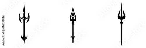 Various designs of tridents displayed in black silhouette style against a white background