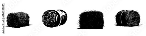 Various types of hay bales arranged against a white background showcasing different shapes and sizes