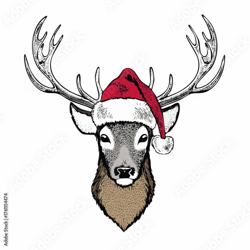 Deer in Santa Hat: Black and White Vector Engraving