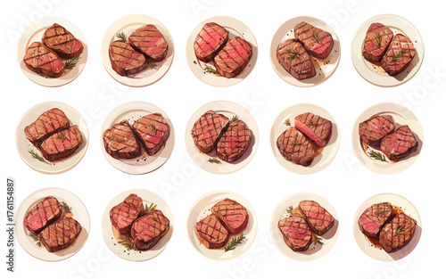 Set of steaks on plates with seasonings and herbs, vector illustration