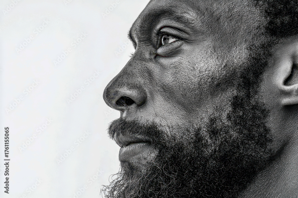 Obraz premium Detailed side portrait of a thoughtful bearded man looking ahead with a contemplative expression against a plain light background in high resolution