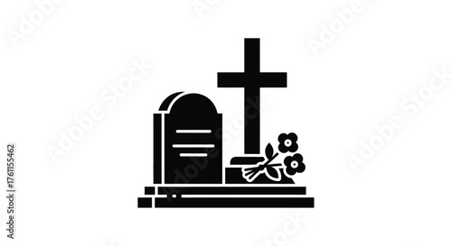 Gravestone with a cross and flowers a somber memorial depiction
