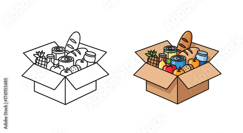 A colorful and grayscale depiction of a box filled with various groceries