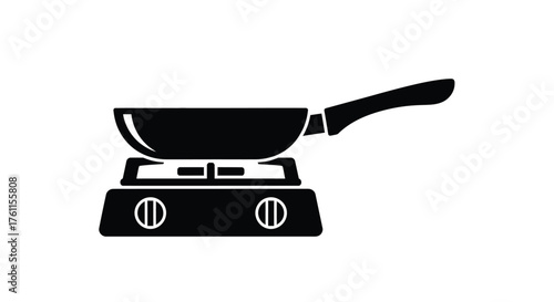 Simple black and white illustration of frying pan on a stovetop burner