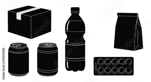 Black silhouette icons showing various packaged food and drink items