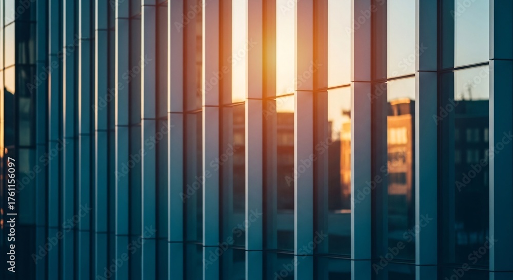 Obraz premium Modern Glass Facade Reflecting Sunset Light, Urban Office Building Exterior