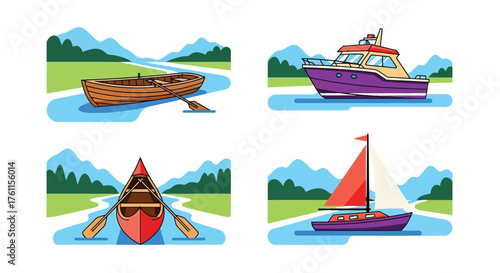 Colorful illustrations depict various watercraft on a serene lake landscape