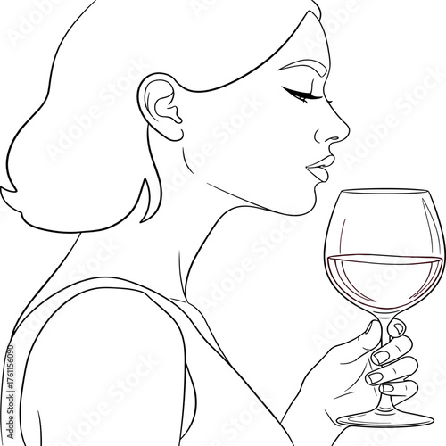 Elegant line art drawing of a beautiful woman with closed eyes savoring the aroma of red wine in a glass