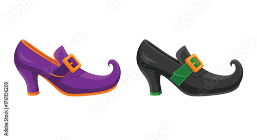 Two cartoon witch shoes purple and black with curved points and buckles