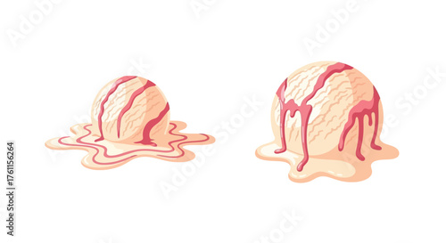 Two scoops of melting vanilla ice cream with strawberry syrup drizzle
