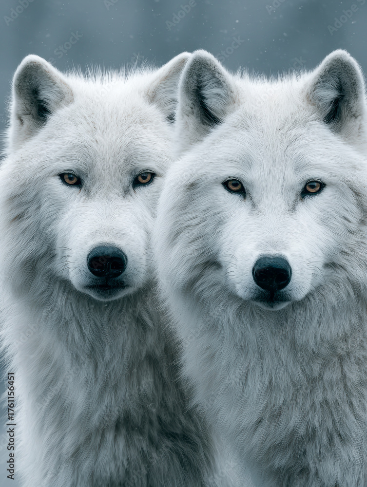 Fototapeta premium Two majestic white wolves with piercing eyes standing closely together in a serene snowy landscape capturing the essence of wild nature and companionship