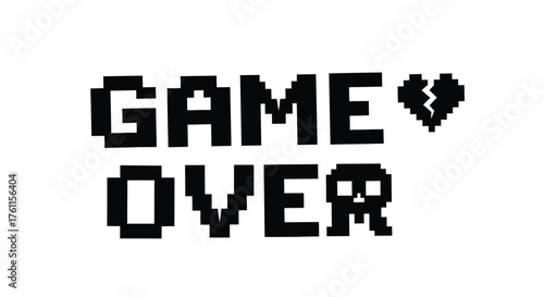 Pixelated game over message with a broken heart symbol displayed boldly