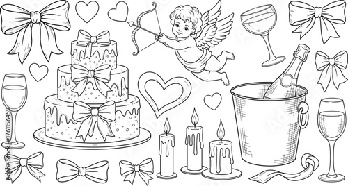 Charming Valentine's Day Icons Cupid, Cake, Candles, Champagne, and Bows for Romantic Celebrations