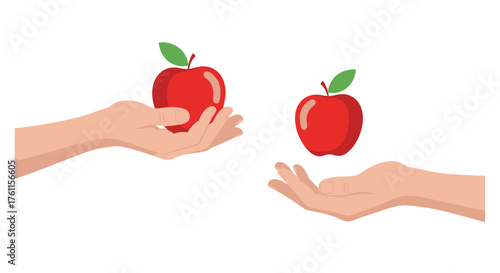 Two red apples and open hands depicting offering and sharing