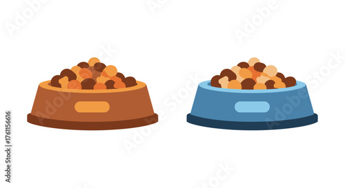 Two colorful pet food bowls filled with dry kibble for animals