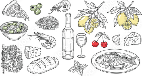 Delicious Gourmet Food and Drink Collection Pizza, Pasta, Wine, Shrimp, Lemons, and More