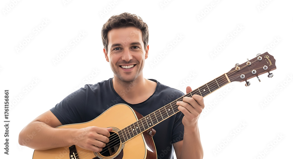 Obraz premium Smiling guitarist playing acoustic guitar with great passion on transparent background