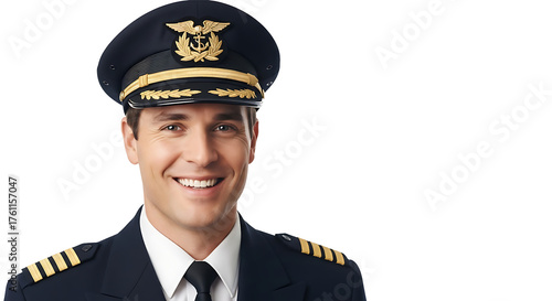 Confident airline pilot smiling wearing uniform and hat on transparent background