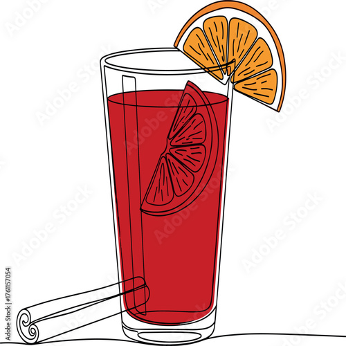 A glass of hot mulled wine with orange slices and cinnamon stick drawn in a continuous one line art style for a festive holiday celebration