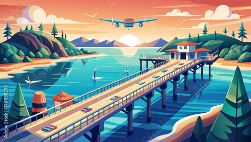 Very beautiful drone’s-eye view of Long Island pier extending over calm, serene waters, surrounded by breathtaking coastal scenery, soft light, and natural harmony — a perfect seaside panorama of tran