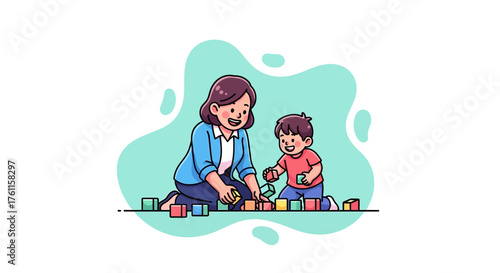 Mother and child playing with colorful building blocks, early childhood education and development