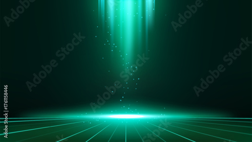 Abstract Scene Elegant Emerald Light Lines on Dark Background with Lighting Effect and Sparks, Vector Illustration