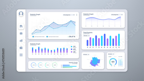 Web Dashboard Ui, Statistic Graphs, Data Charts and Diagrams Infographic Template Mockup. Light Mode Dashboard, Vector Illustration
