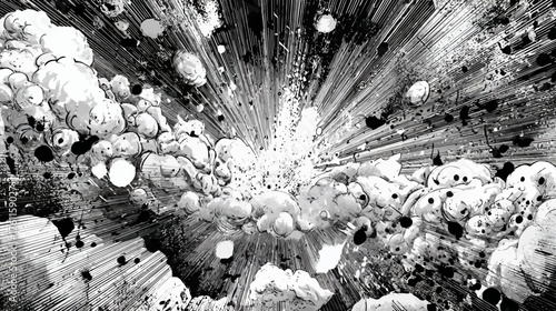 Dynamic black and white explosion with radiating light rays and shattered debris. Abstract cosmic burst illustration, energetic background.