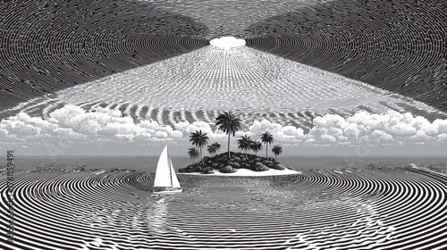 Dreamlike monochrome artwork of a sailboat on a sea with optical illusion waves, a palm tree island, and an abstract conical cloudscape.