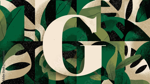 Artistic Letter G with Green Tropical Foliage and Abstract Botanical Background Design Illustration