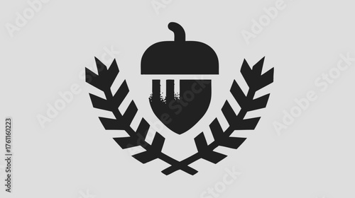 Stylized black acorn icon with leafy sprigs, representing nature, growth, and autumn harvest on a simple gray background