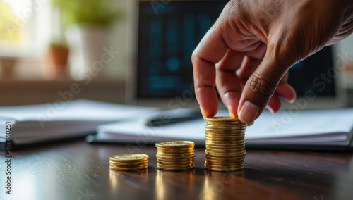 Mano colocando una moneda de oro en una pila creciente, simbolizando el éxito financiero, el ahorro y la planificación estratégica de inversiones