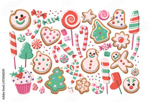 Christmas sweets hand drawn set with candy cane, caramel, gingerbread cookies, cupcakes, marshmallow