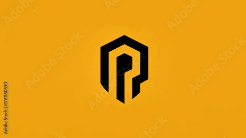 Modern abstract geometric P or R letter monogram logo design on vibrant orange background. Minimalist graphic symbol for branding.