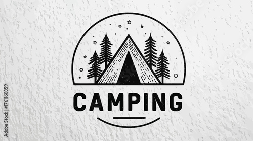 Vintage Style Camping Emblem with Tent, Pine Trees, Stars, and Nature Theme on Textured Background Vector Illustration