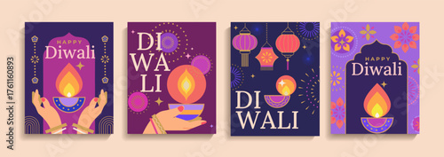 Elegant Diwali flyers with symbols of holiday,mandala,hands with candle and fire,lanterns,fireworks,flowers.Indian festival of lights. Template design for web,social media, poster,card,banner.Vector