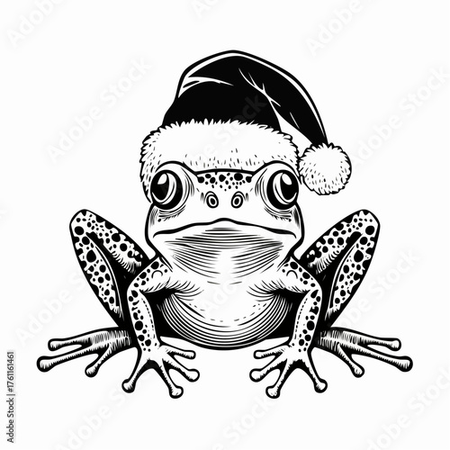 Santa Frog: Black and White Vector Engraving