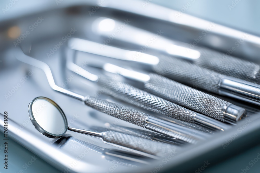Fototapeta premium Macro shot of gleaming stainless steel dental tools laid out on a metallic tray, ready for dentist appointments and professional hygiene procedures in dental clinic.