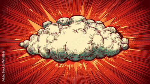 Vibrant comic book style explosion smoke cloud illustration on a red background. Dynamic pop art graphic design element.
