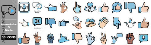 A collection of 30 communication and media icons featuring diverse hand gestures and speech bubbles.