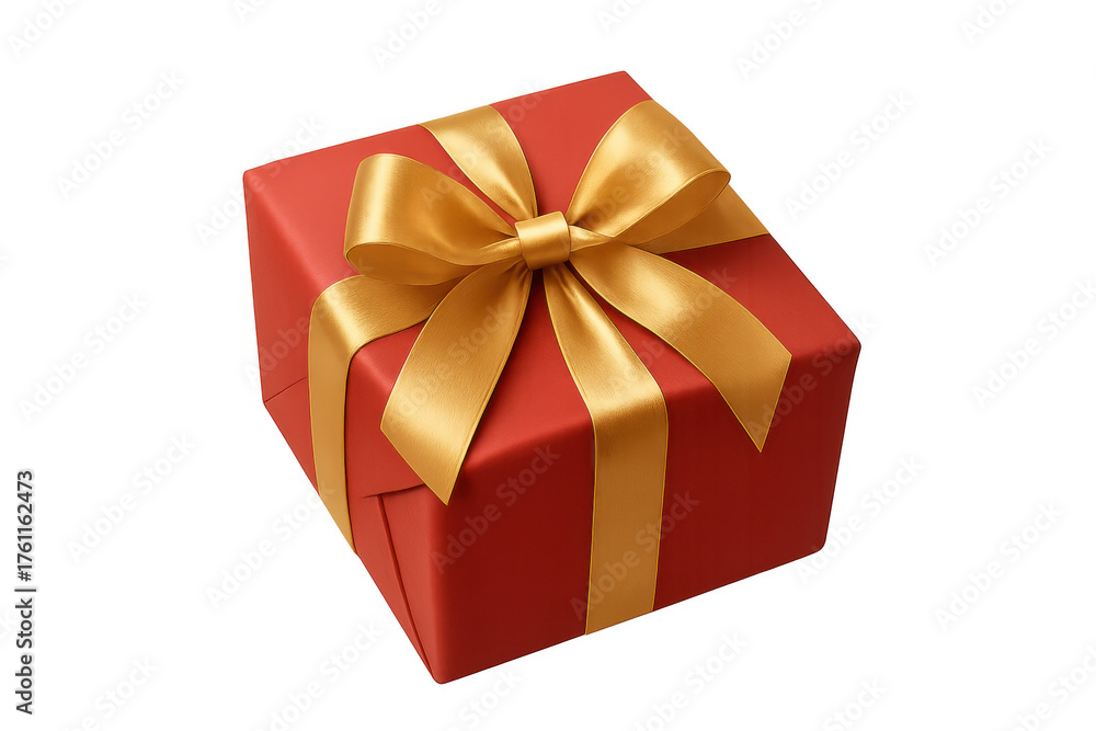 Obraz premium Present box wrapped in red paper with a golden ribbon and bow, symbolizing celebration and surprise