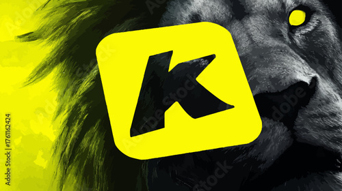 Bold K letter on a powerful dark lion face with bright yellow eyes, graphic concept of strength and power, vibrant yellow background.