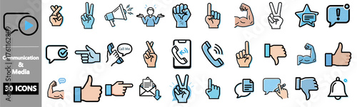 Collection of communication and media icons with various hand gestures.