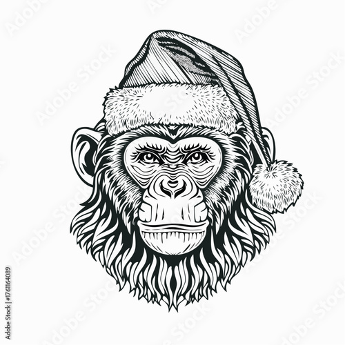 Monkey Santa: Black and White Vector Engraving