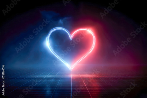 Neon glowing heart shape divided into blue and red light beams with smoky atmosphere on reflective grid floor symbolizing love and duality in futuristic setting