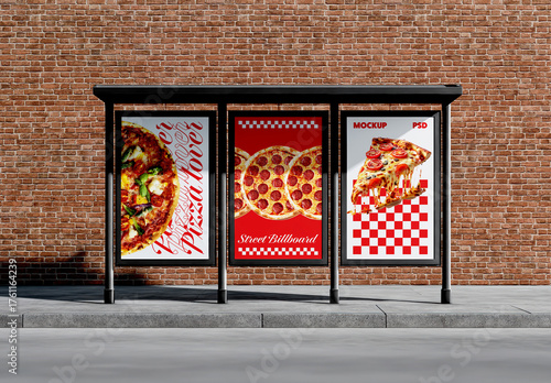 Street Billboard Mockup at Bus Stop with Brick Wall
