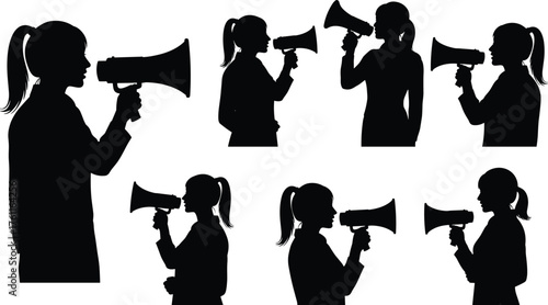 Megaphone, silhouette, voice, protest, announcement, speaker, communication, shout, public, activism, message, loud, woman, posture, expression, rally, leadership, call, sound, impact